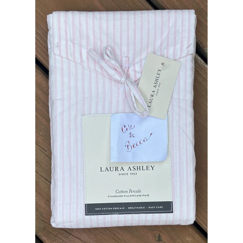 Laura Ashley Jaynie Ticking Stripe Pink PILLOWCASE Pair Cotton Percale Standard